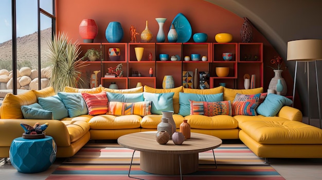 The living room of a home that is painted in bright colors