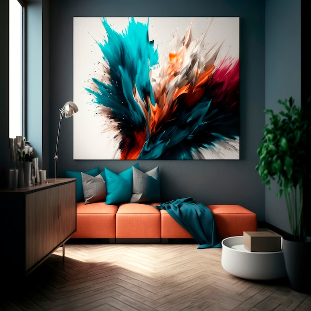 Living room of a house a sofa colorful cushions with  picture on the wall oil painting Generative AI