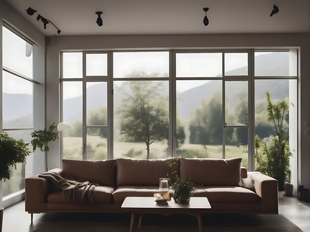 Photo the living room of a house with a large window that opens to a terrace