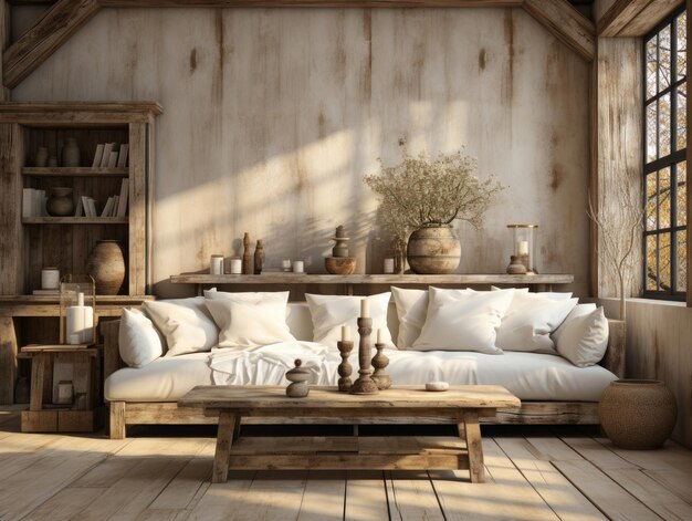 Living room interior background in farmhouse style 3d Mockups Design 3D Highquality Mockups Gen