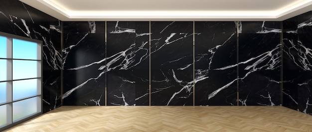 Living room interior black marble wall White marble counter on a wooden floor. Living room decoration concept.