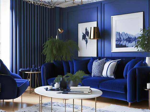 블루 모던 스타일의 딥 블루 컬러 컨셉의 거실 인테리어