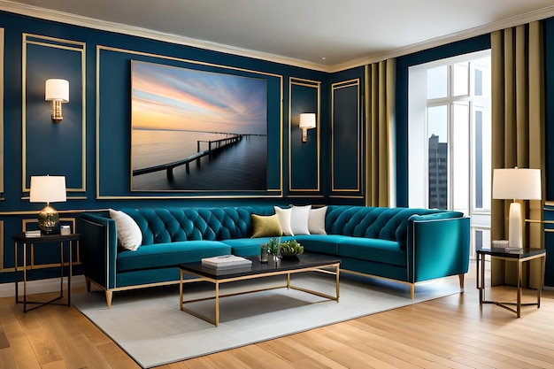 Living room interior in classic style with blue velvet sofa