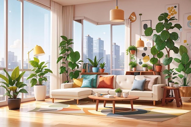 벽화와  ⁇ 비 식물  ⁇ 터 일러스트레이션으로 현대적인 아파트의 실내 전망과 함께 거실 내부 구성