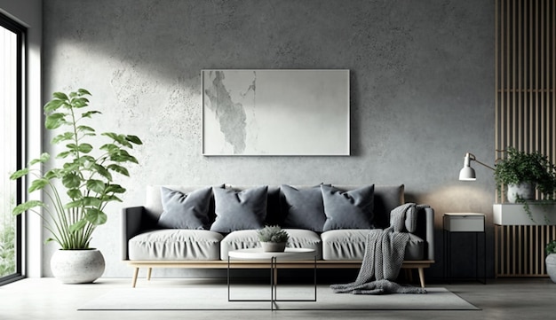 Living room interior concrete wall mockup have sofa and decoration 4 Generative AI