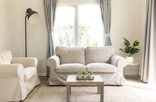 Living room interior in cosy style with sofa and lamp