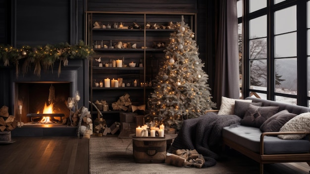 Living room interior Decorated Christmas tree fireplace and snow behind the window AI Generated