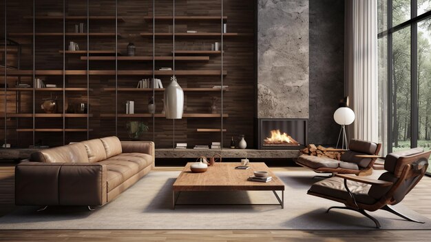 Living room interior design mixed materialism combine materials like wood and metal