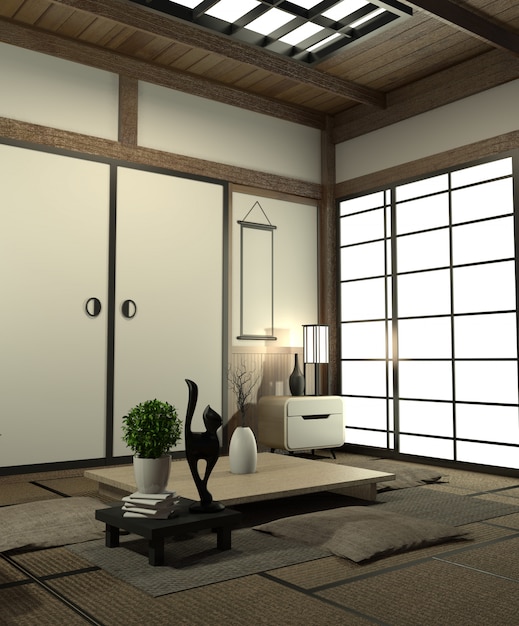 棚の壁の設計および装飾の日本様式のキャビネットが付いている居間のインテリアデザイン。
