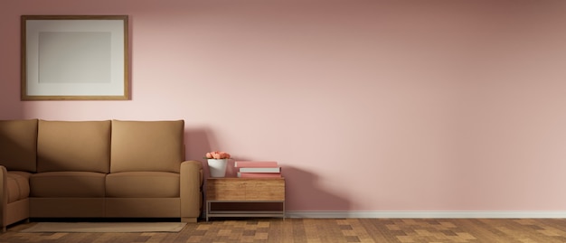 Living room interior design with couch side table and mockup frame decorated on pink wall 3D rendering