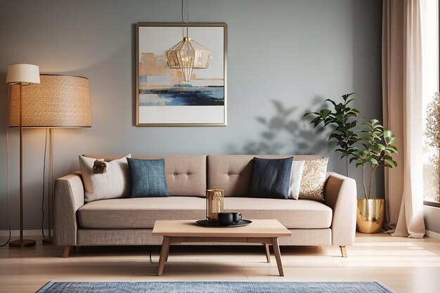 Living room interior design with a sofa and lamp