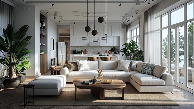 living room interior design with sofa minimal aesthetic 3d rendered