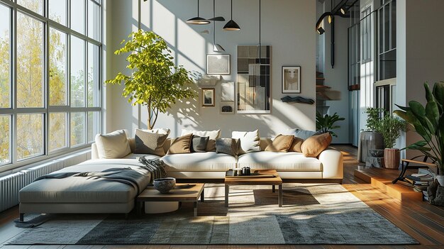 living room interior design with sofa minimal aesthetic 3d rendered