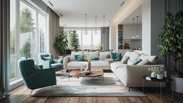 living room interior design with sofa minimal aesthetic 3d rendered
