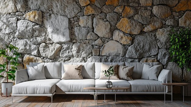 living room interior design with sofa minimal aesthetic stone wall 3d rendered