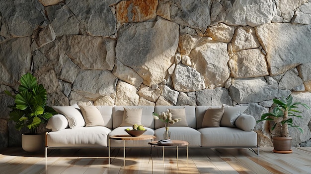 living room interior design with sofa minimal aesthetic stone wall 3d rendered