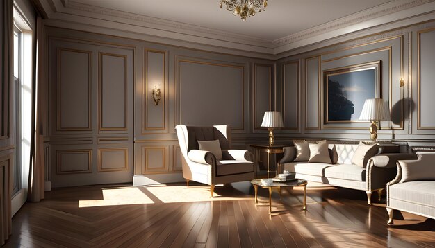 Living room interior of furnished apartment cozy couch sofa wooden flooring Generative AI