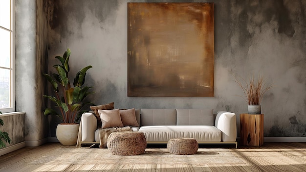 living room interior in grey and beige loft and rustic charm oil painting above sofa comfort style