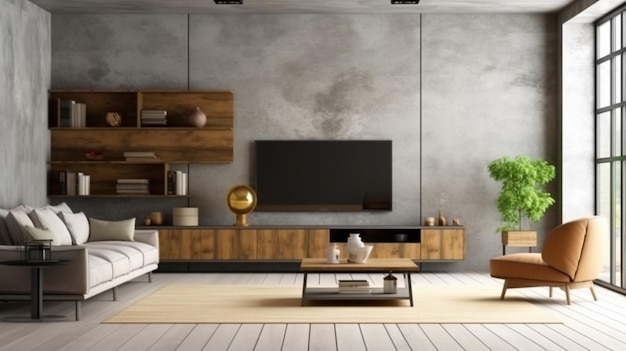 Living room interior has a cabinet for TV and an armchair in a cement room with a concrete wall