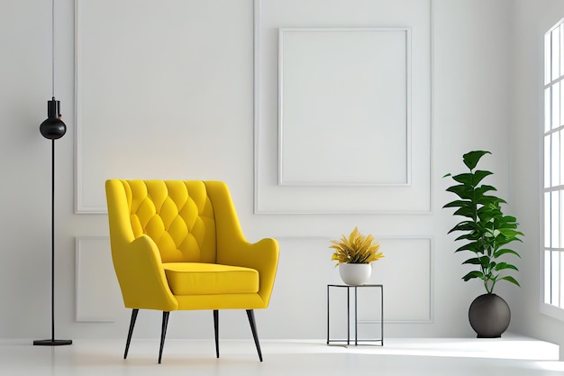 Living room interior has a yellow armchair on empty white wall background big blank space
