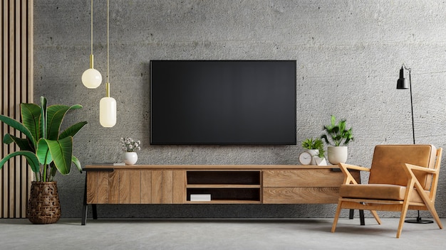 Living room interior have tv cabinet and leather armchair in cement room with concrete wall.3d rendering