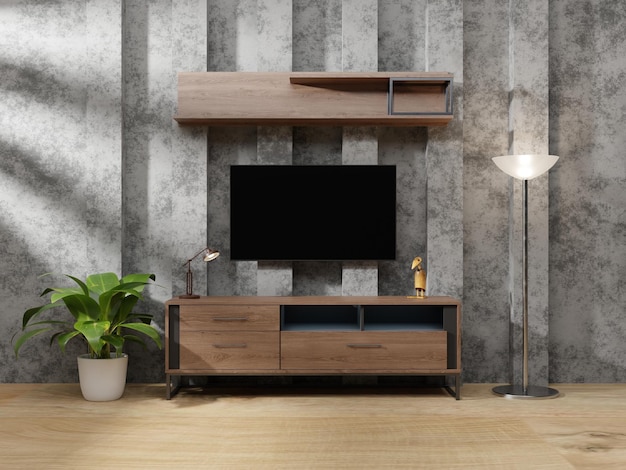 Living room interior have tv cabinet in wood floor with concrete wall background