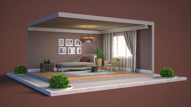 Living room interior illustration in a box