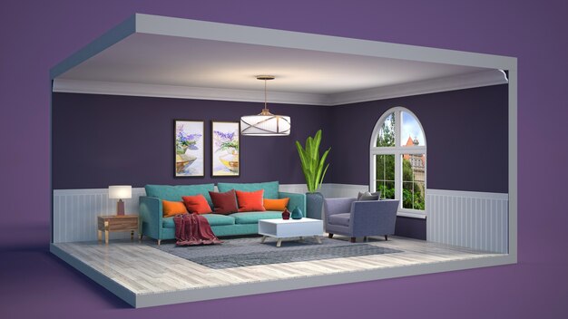 Living room interior illustration in a box