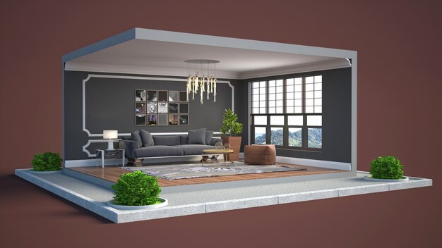 Photo living room interior illustration in a box