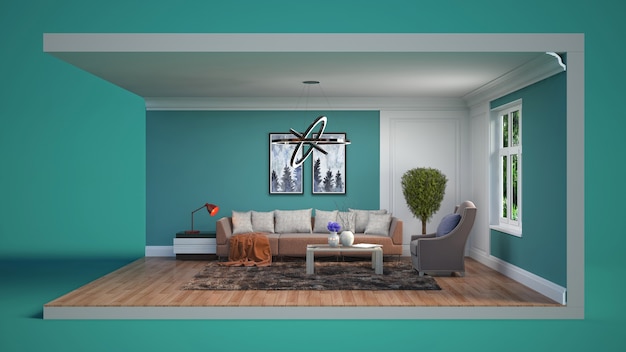 Living room interior illustration in a box