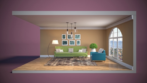 Living room interior illustration in a box