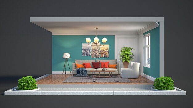 Living room interior illustration in a box