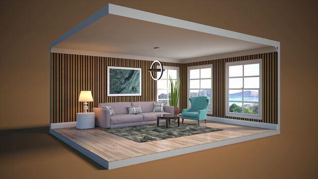 Living room interior illustration in a box