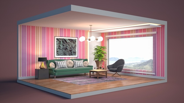 Living room interior illustration in a box