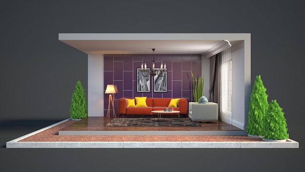 Living room interior illustration in a box