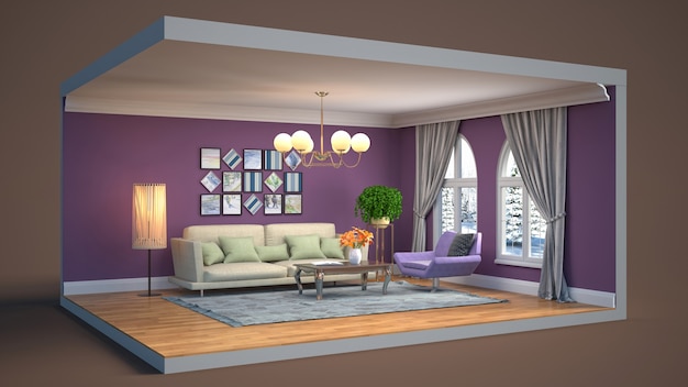 Living room interior illustration in a box