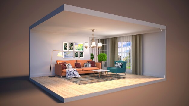 Living room interior illustration in a box