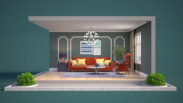 Living room interior illustration in a box