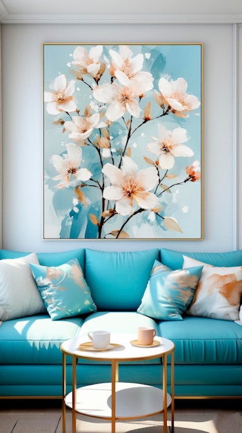 интерьер гостиной в светлых пастельных цветах с диваном подушками растениями и картинами цветами