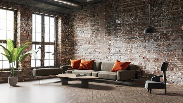 Photo living room interior in loft industrial style 3d render