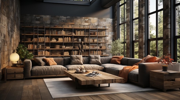 Living room interior in loft industrial style Copy space