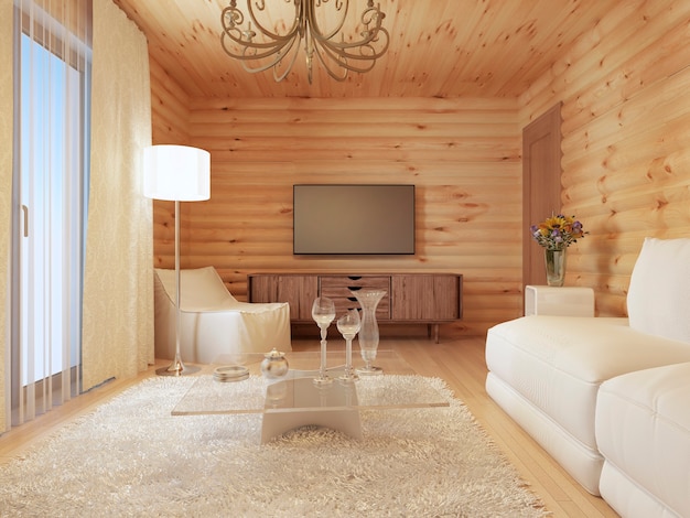 Living room interior in a log house with the console and TV, and soft tissue with a sofa chair