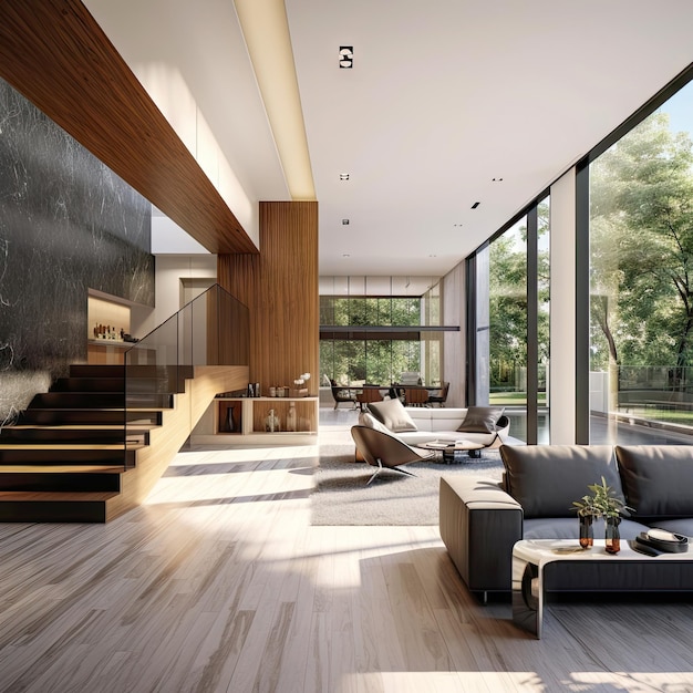 オープンコンセプトのフロアプランで高級住宅のリビングルームのインテリアは階段のソファを表示し装飾します