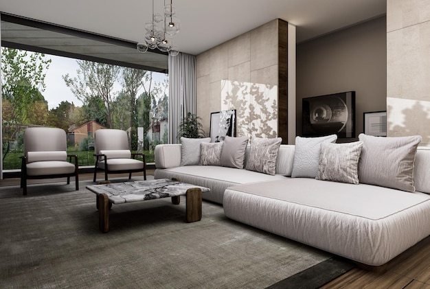 Foto interno soggiorno in stile minimalista con materiali naturali. illustrazione 3d.