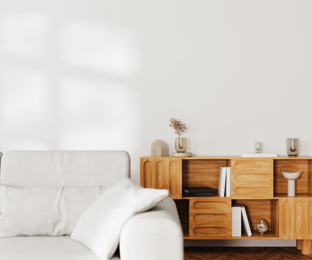 Photo living room interior mock up gray sofa and wooden cupboard with decor white wall with sunlight 3d rendering