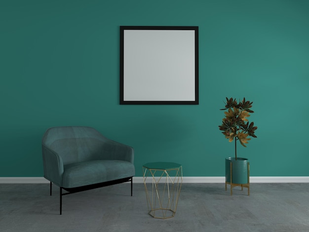 Living room interior mockup poster with empty square black frame on teal colored wall