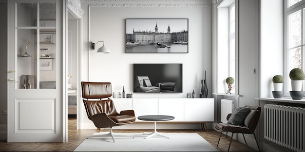 Living room interior mockup or setup have cabinet for tv and leather armchair in white room