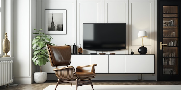 リビングルームのインテリアのモックアップまたはセットアップには、白い部屋にテレビ用のキャビネットと革張りのアームチェアがあります