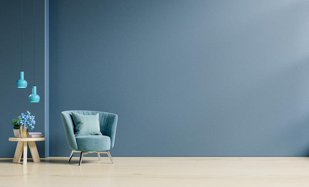 Living room interior mockup in warm tones with armchair on empty dark blue wall background3d rendering