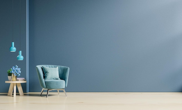 Living room interior mockup in warm tones with armchair on empty dark blue wall background3D rendering